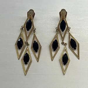 Vintage Les Bernard Gold Tone Black Clip On Earrings Rare Unique